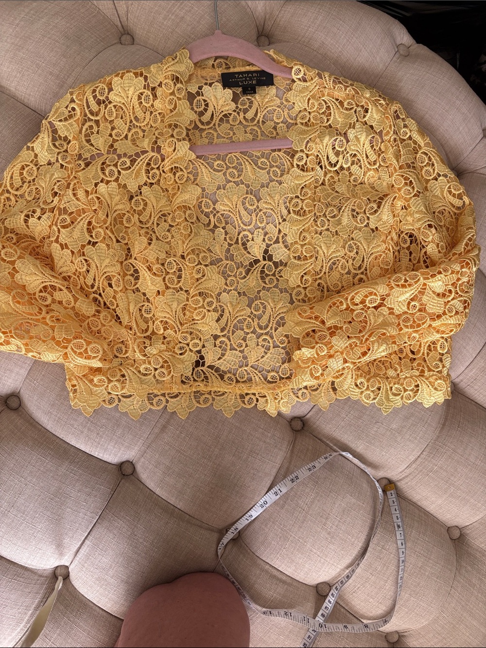 Tahari Yellow Lace Open-Front Cropped Jacket